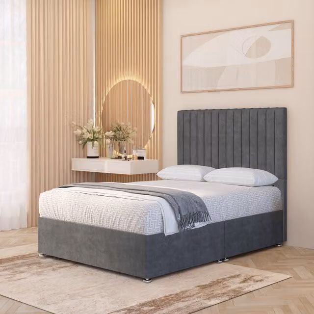 Somnior Beds Ltd Verona Velvet 4000 Pacific Orthopaedic Pocket Spring Divan Bed Set with Headboard and Drawers, Silver/Grey, Small Single