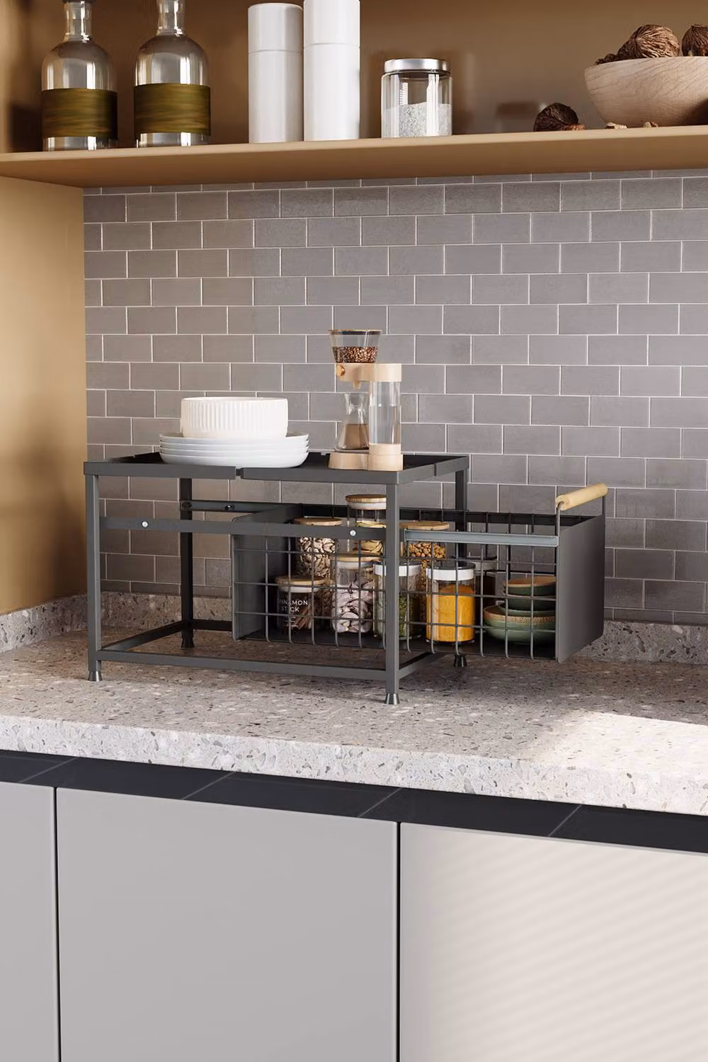 Living and Home 2-tier Metal Kitchen Pull-Out Storage Drawer Basket Organiser and Spice Rack in Grey – 4