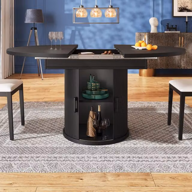 Aosom UK Extendable Round Dining Table with Curved Sliding Doors and 2 Shelves in Black, W/D/H: 118 x 118 x 76 cm