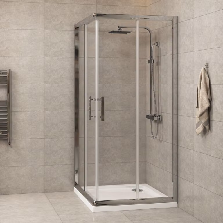 Royal Bathrooms Plaza Square Corner Entry Shower Enclosure with 6mm Transparent Sliding Glass Door and Silver Finish