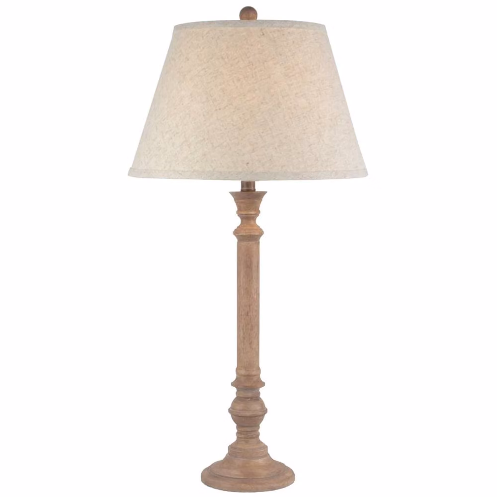 Wyld Haus Flavigny Turned Wooden Pillar Table Lamp with Beige Fabric Shade in Brown – 2