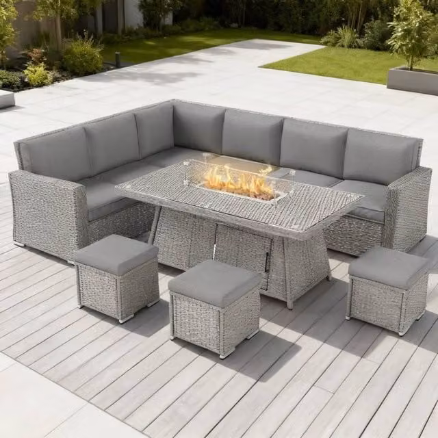 ERGOVEXA Seven-Piece Grey Rattan Firepit Table Sofa Set with Upholstered Cushions