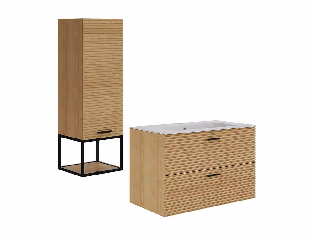 Vente-unique Fluted Wall-Hung Bathroom Vanity Unit with Inset Basin and Tall Cabinet in Light Oak – 2