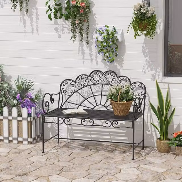 OUTSUNNY Black Metal 2 Seater Garden Bench for Outdoor Patio and Terrace – 1