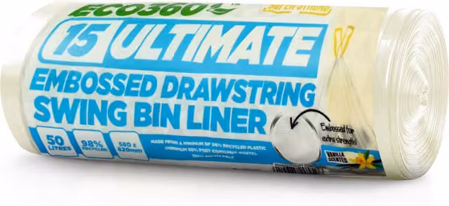 Ecobag 15 Pack Vanilla Scented Drawstring Bin Liners, 50 Litres, White