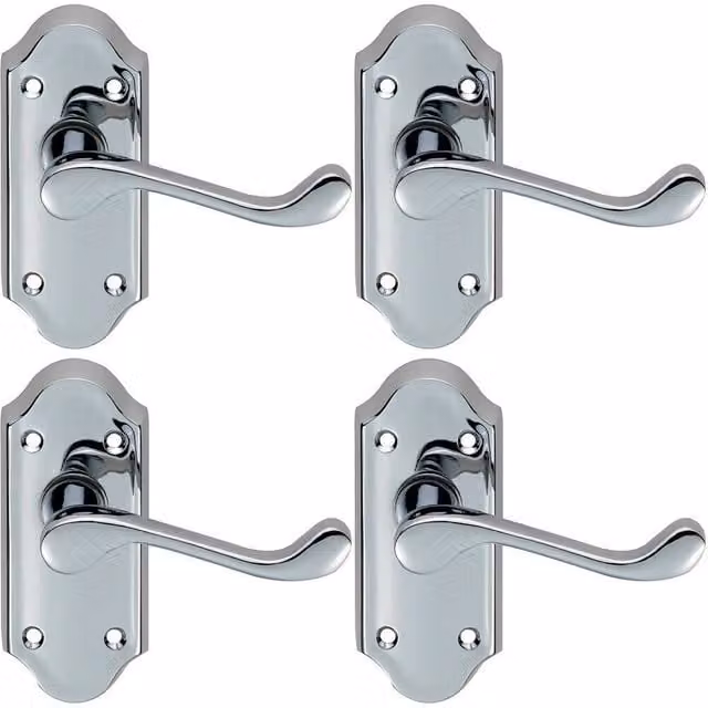 Loops 4 Pairs of Victorian Scroll Lever Door Handles on Short Latch Backplate, Chrome, W: 11.2 cm, H: 4.8 cm