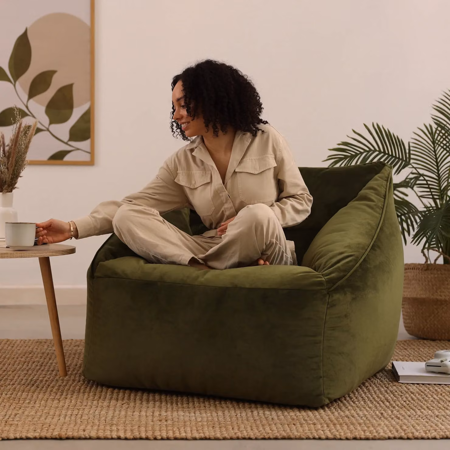 ICON Natalia Velvet Adults Bean Bag Armchair in Dusk Pink and Olive – 1