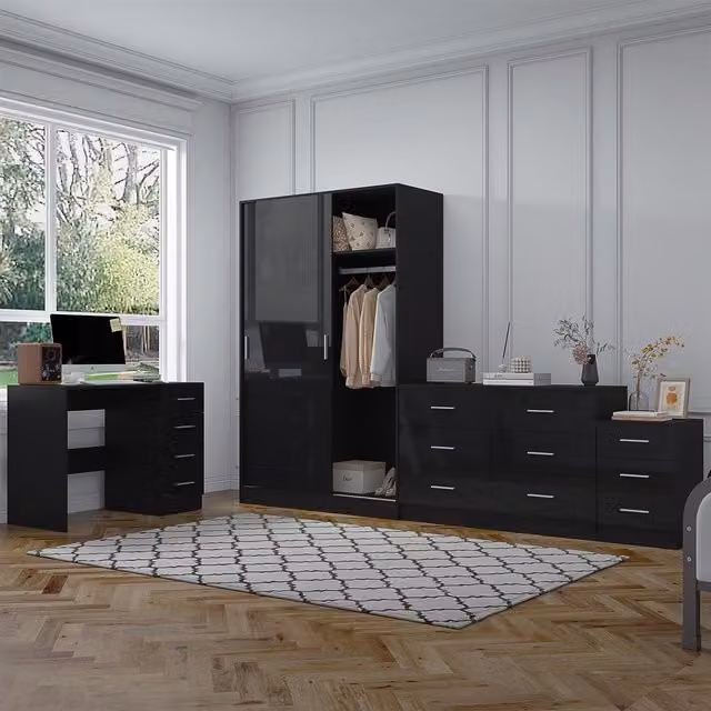 REFLECT Bedroom Furniture Bundle including Sliding Wardrobe, Wide Chest, Bedside Table and Desk in Black Gloss and Matt Black