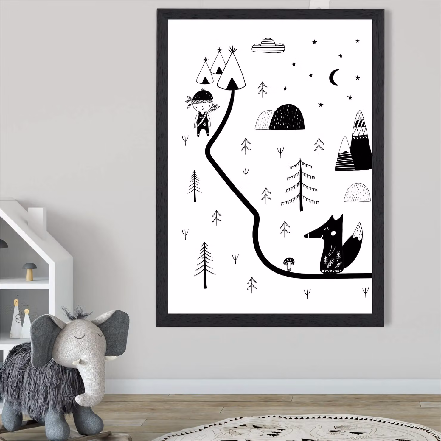 ARTZE Scandinavian Map Framed Print in Black and White – 2
