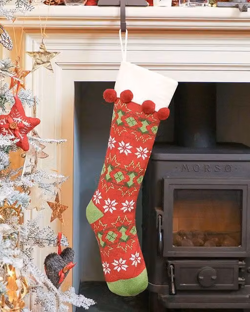 Dibor Set of 4 Red Fair Isle Knitted Christmas Stockings with Pompoms