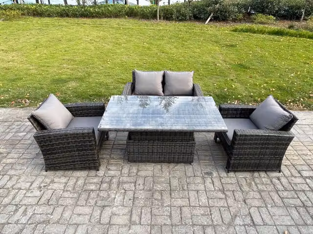 Fimous High Back Rattan Garden Furniture Set with Height Adjustable Lifting Table, Side Table and Large Footstool in Dark Grey