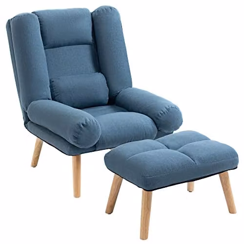 HOMCOM Blue Linen-Look Fabric Recliner Armchair with Integrated Footstool and Adjustable Backrest
