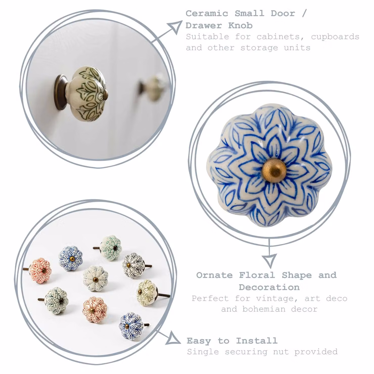 Nicola Spring Blue Ceramic Cabinet Knobs, Pack of 6 – 1