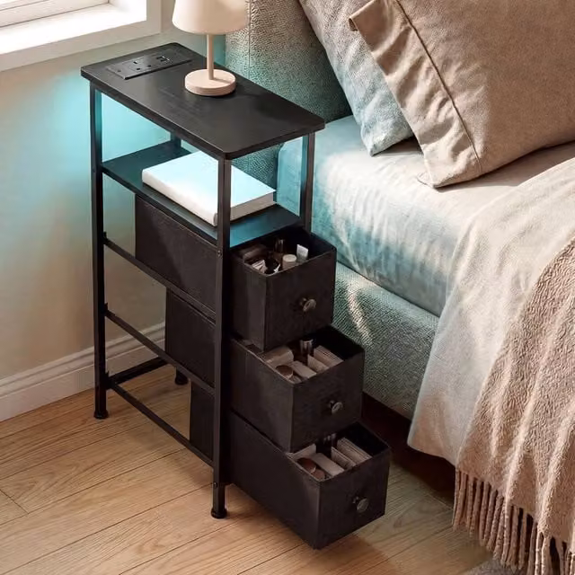 Levede Modern Black Bedside Table with Integrated LED Light and 3 Fabric Drawers – 1