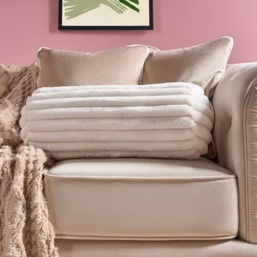 OHS Faux Fur Ribbed Round Bolster Cushion in Beige, W: 46 cm, D: 20 cm