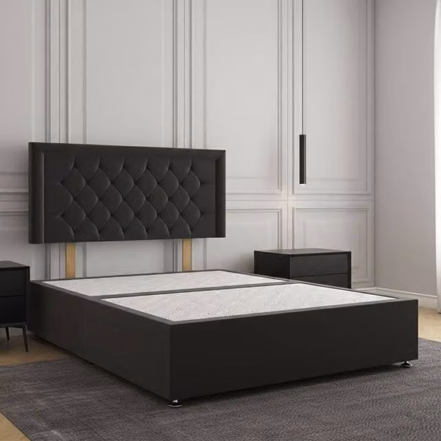 Regional Furnishings Plush Velvet Single Divan Bed Base with 24 inch Headboard in Black, W/D/H: 90 x 200 x 30.48 cm – 1