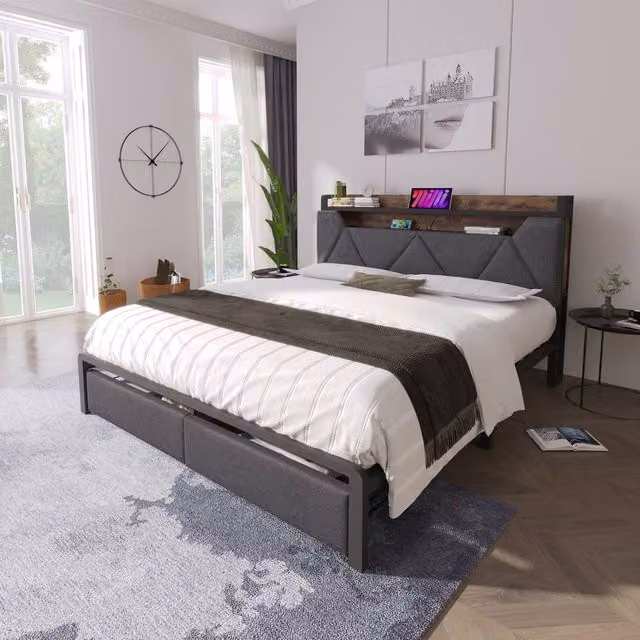 Rolipo Grey Linen Double Bed Frame with LED Lighting, USB Charging Ports and Drawers, W/D/H: 140 x 200 cm