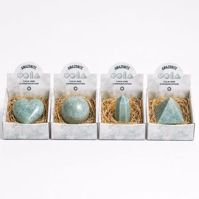 KDMD Turquoise Amazonite Gemstone Set featuring Heart, Sphere, Obelisk and Pyramid Shapes