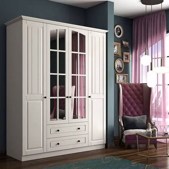 EVUHOME COMBE White Mirrored Wardrobe with 4 Doors and 2 Drawers, W/D/H: 125.4 x 52 x 184 cm