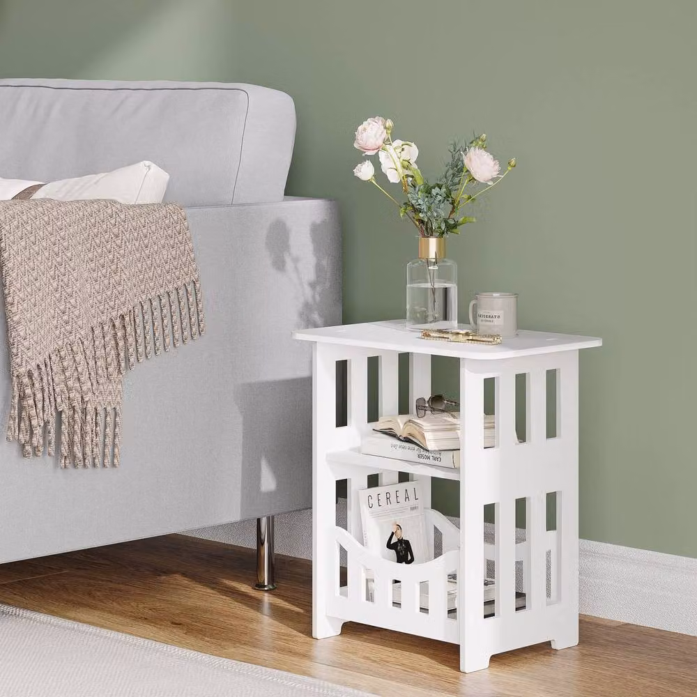Dprodo Multifunction Small Side Table with Storage Shelf Basket in White – 3