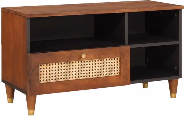 Berkfield Modern Brown Mango Wood and Cane Home Media Storage Cabinet