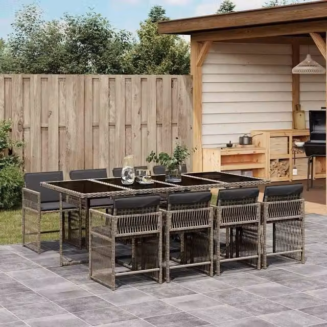 Berkfield Home 9 Piece Grey Poly Rattan Garden Dining Set with Cushions and Glass Tabletop