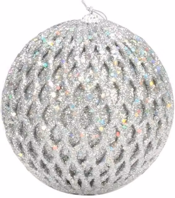 KDMD Silver Glitter and Sequin Round Christmas Bauble, Diameter: 12 cm
