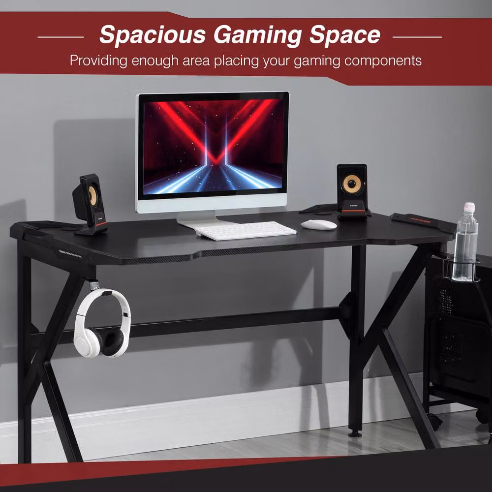 HOMCOM Black Gaming Desk with Steel Frame and Headphone Holder – 3