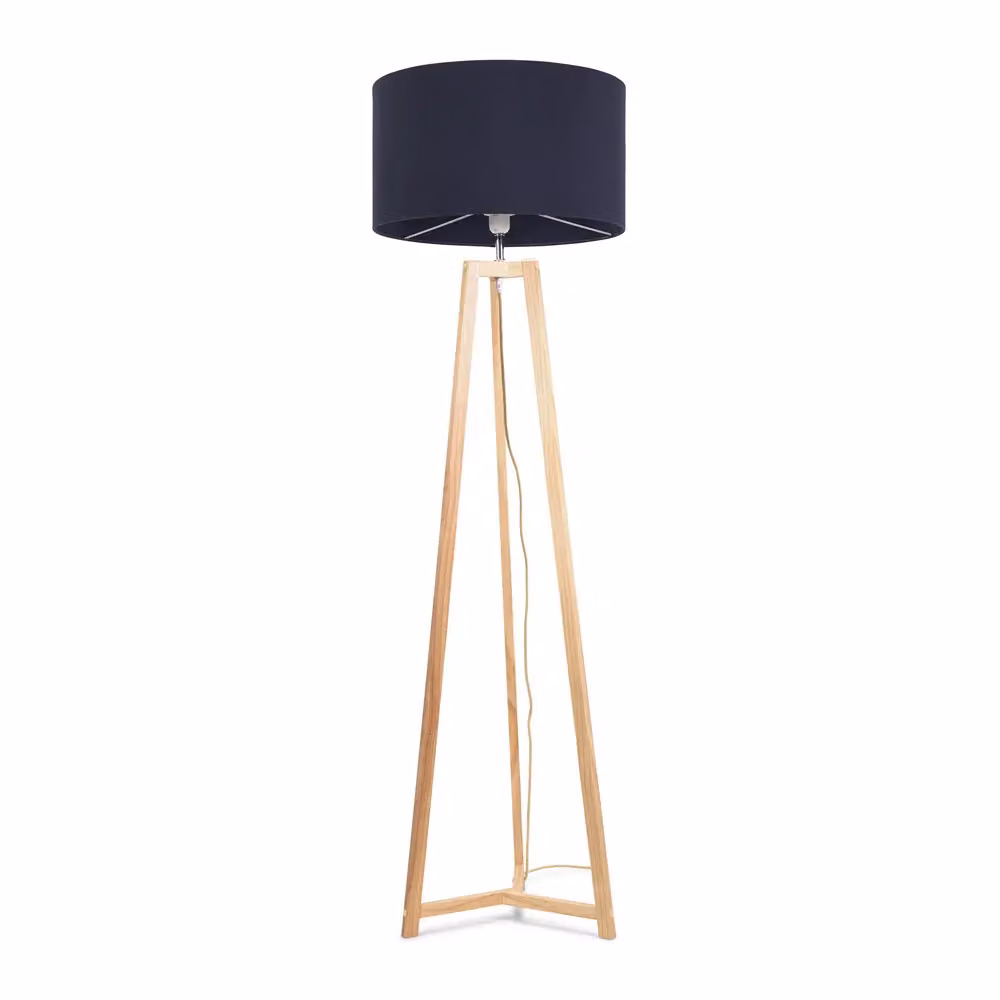 ValueLights Lottie Natural Wood Tripod Floor Lamp with Navy Blue Fabric Drum Shade and LED Bulb, H 148 cm x W 45 cm x D 45 cm – 2