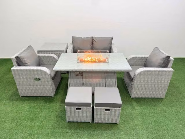 Fimous 6 Seater Grey PE Wicker Rattan Garden Furniture Set with Sofa, Reclining Chairs, Firepit, Dining Table, 2 Small Stools and Side Table