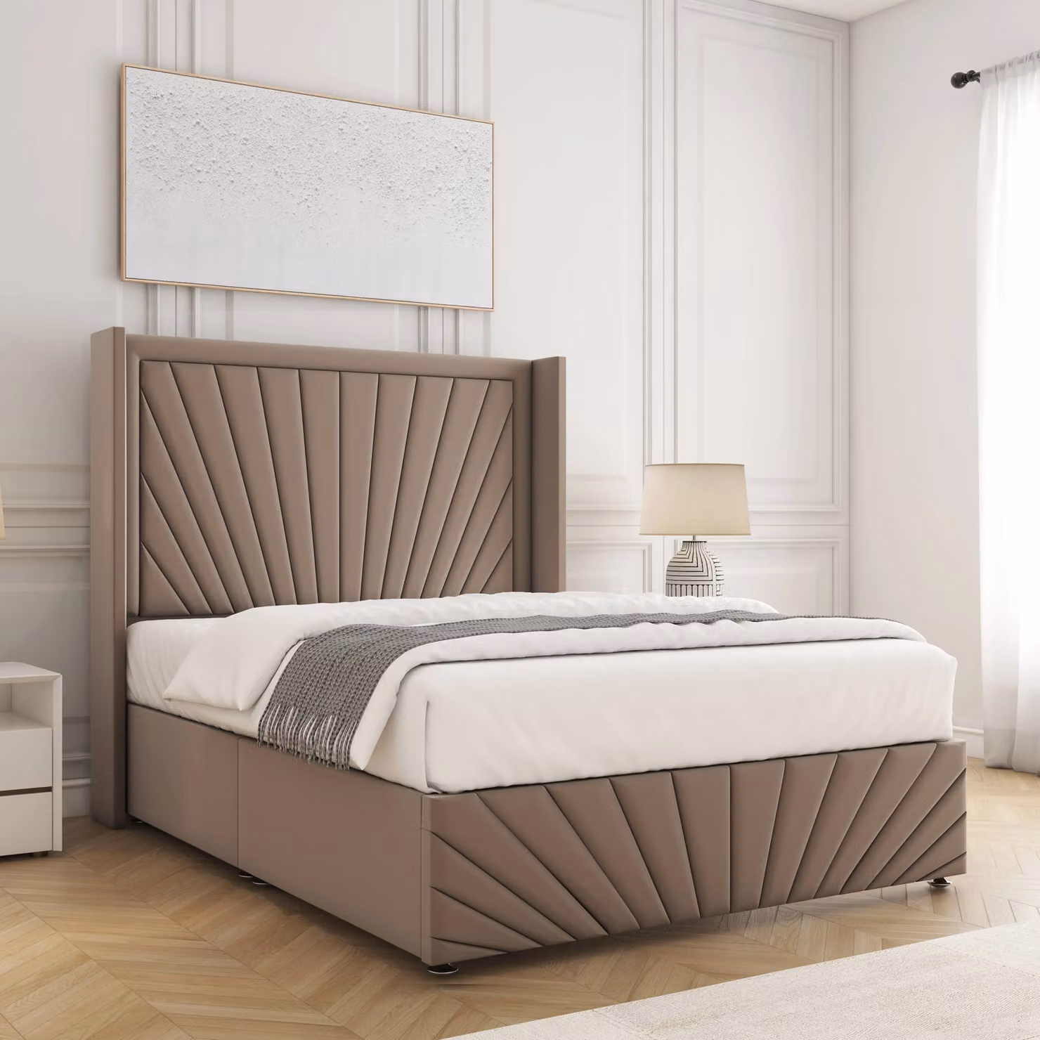 BSSPOKE Nola King Divan Bed with 54 inch Headboard in Bronze Plush Velvet, W/D/H: 180 x 200 cm