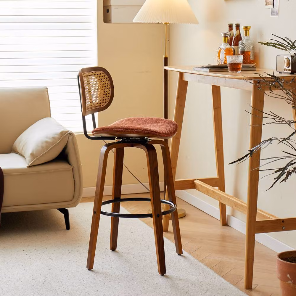 Nordlys Set of 2 Scandinavian Ash Wood Bar Stools with Rattan Caning in Terracotta – 5