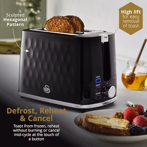 Swan Hexton Variable Width 2 Slice Toaster, 900W, Black with Chrome Accents, ST19037BLK – 4