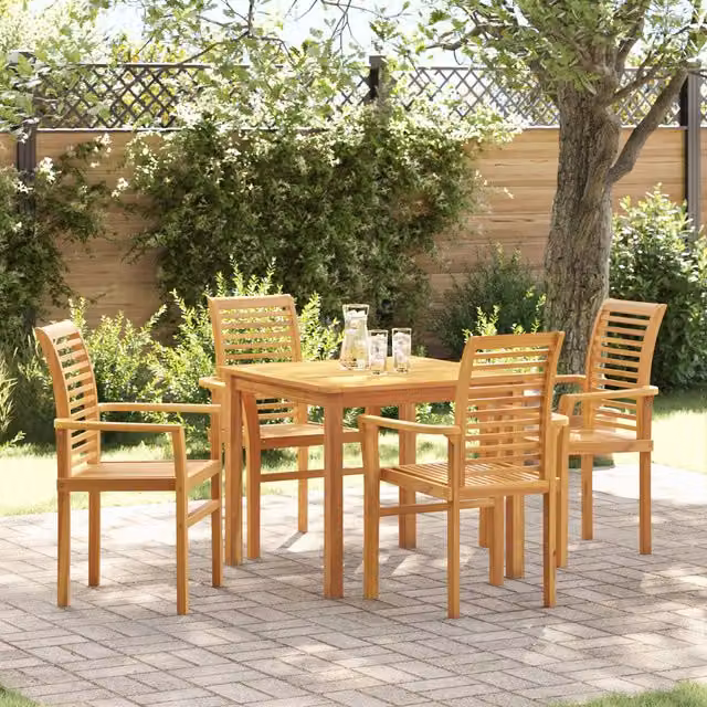 Berkfield Home Set of 4 Stacking Garden Chairs in Brown Solid Teak Wood