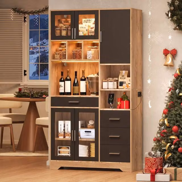 Merax Tall Kitchen Dresser in Black with Glass Doors, Integrated LED Lighting and Power Outlet, Height: 100 cm – 1