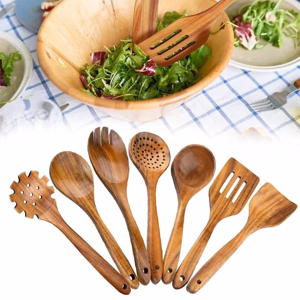 NESTLUNE 9 Piece Brown Teak Wood Cooking Utensils Set – 5