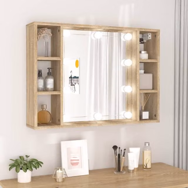 Berkfield Home Mirror Cabinet with LED Lighting in Sonoma Oak Brown, W/D/H: 76 x 15 x 55 cm