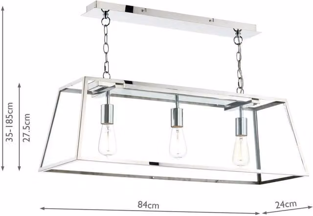 Dar ACA0344 Suspended Modern Bar Pendant Light in Silver and Transparent Glass, Height Adjustable and Dimmable
