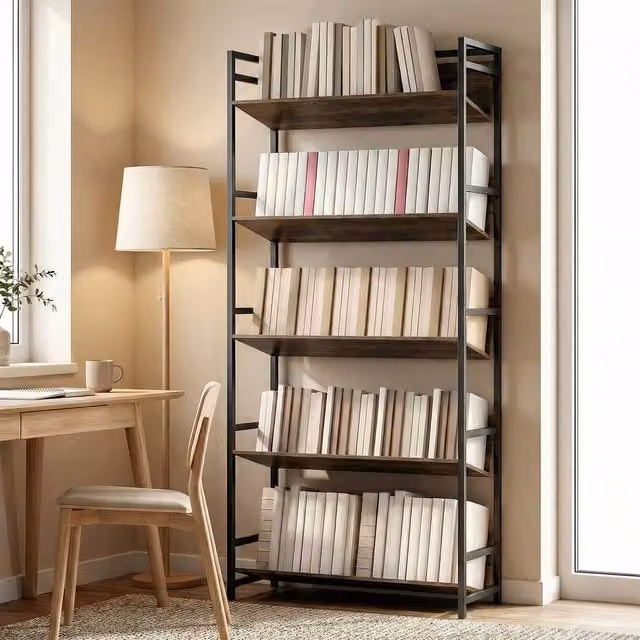 HOMCOM 5-Tier Industrial Bookcase in Brown with Anti-Slip Design