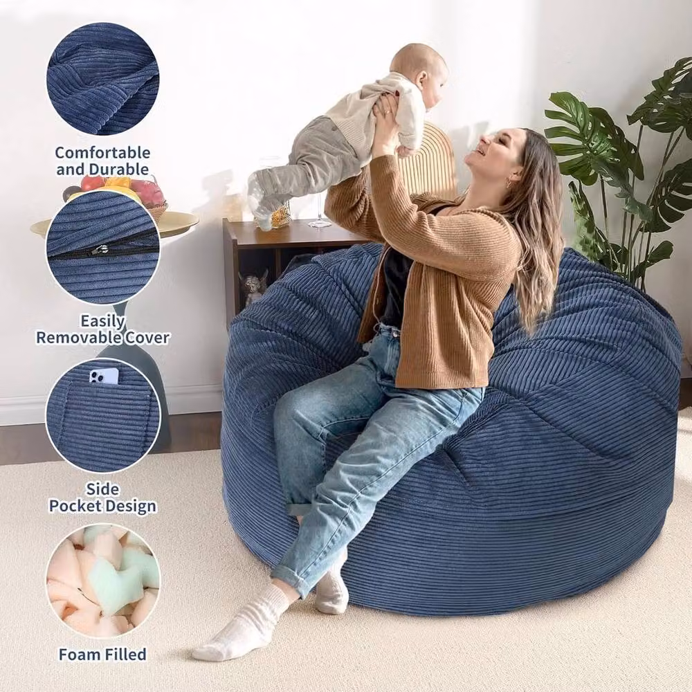 VOGREX 2 in 1 Convertible Corduroy Bean Bag Chair Bed and Floor Sofa in Blue – 3
