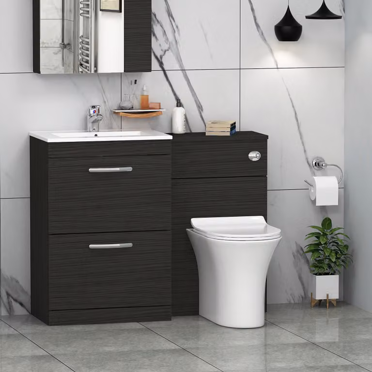 Royal Bathrooms Hale Black 2 Drawer Furniture Pack with Minimalist Basin and Slim Breeze Back to Wall Toilet, Width: 110 cm