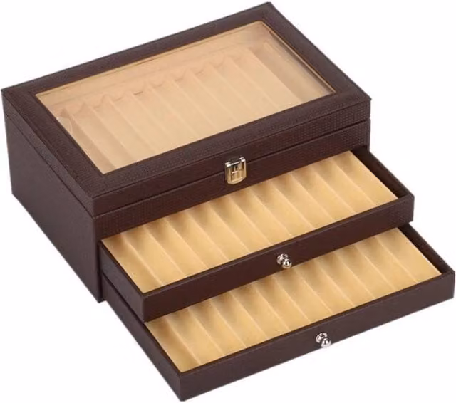 FORGEVIO Brown Leather 36-Slot Multi-Compartment Pen Display Case