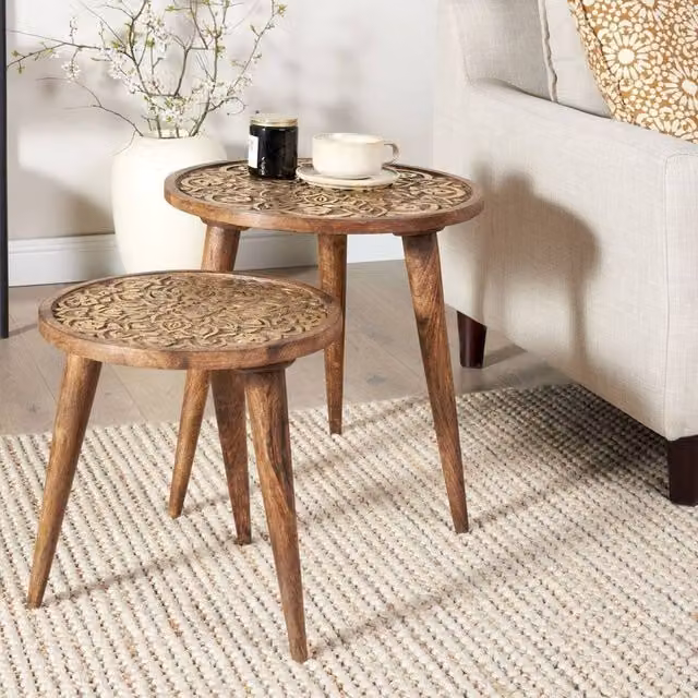 Wyld and Coco Set of 2 Brown Mango Wood Side Tables with Oriental Floral Design – 1