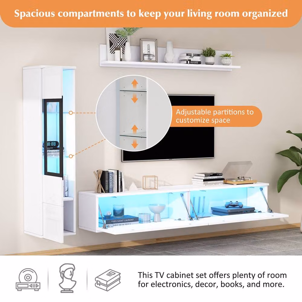 ModernLuxe 3 Piece White Glossy TV Wall Unit with LED Lighting, Display Vitrine, Lowboard and Open Shelf – 4