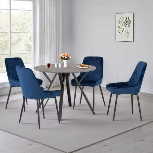 Seconique Athens Round Dining Set with 4 Avery Blue Chairs and Concrete Effect Table – 3