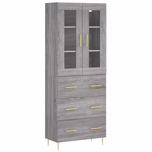 vidaXL Modern Grey Highboard with Glass Doors and Internal Shelves, W/D/H: 69.5 x 34 x 180 cm