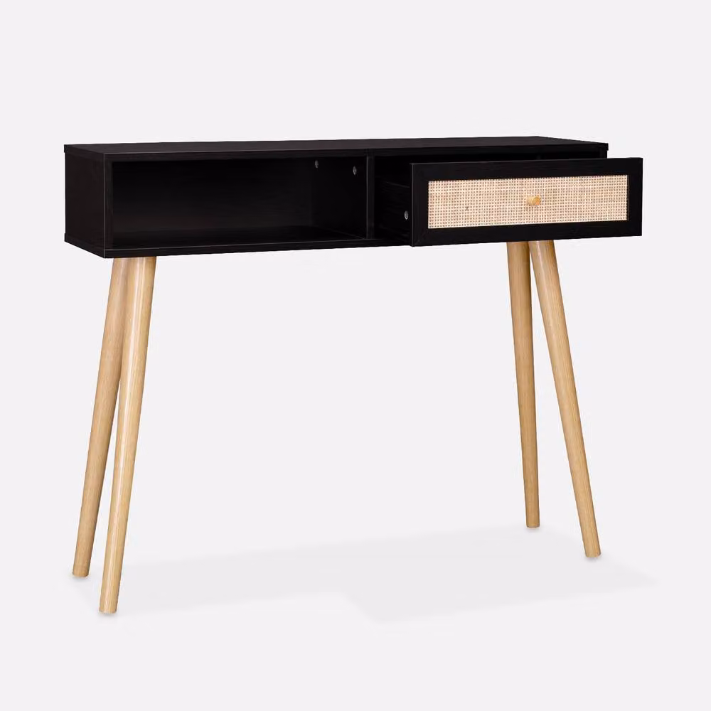 Sweekeec Vintage Wood and Cane Decor Console Table in Black, Width: 100 cm – 3