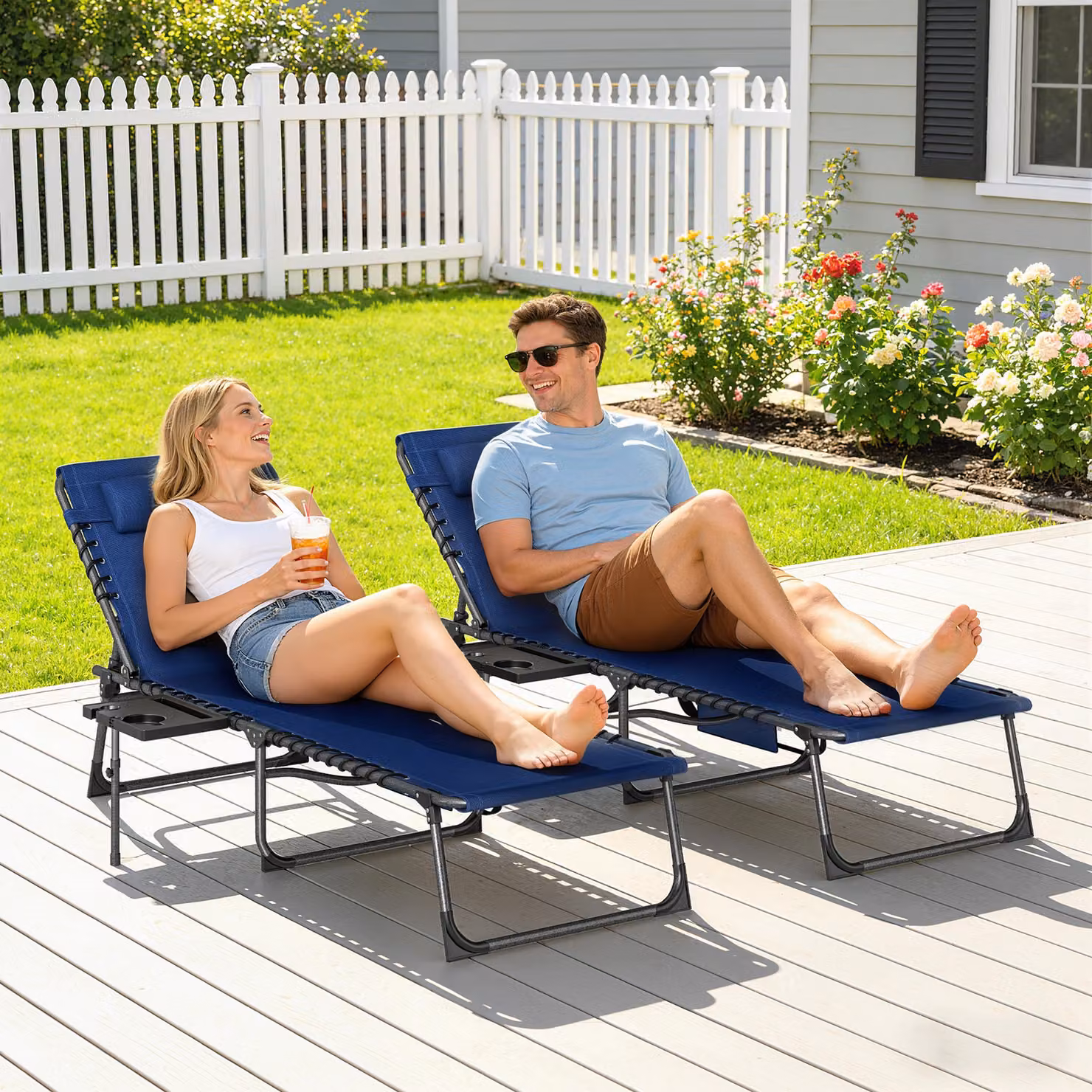 Outsunny Set of 2 Five-Position Reclining Sun Loungers in Blue – 8