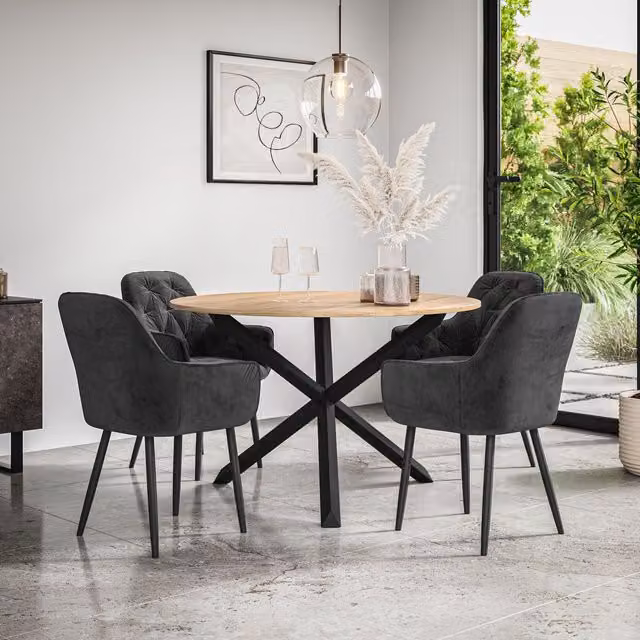 More4Homes Malvern Round Dining Table and Anika Velvet Dining Chair Set, Oak Top with Black Legs and 4 Chairs