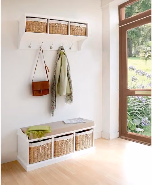 Tetbury White Hanging Shelf with Natural Wicker Baskets, W/D/H: 113 x 43 x 28 cm